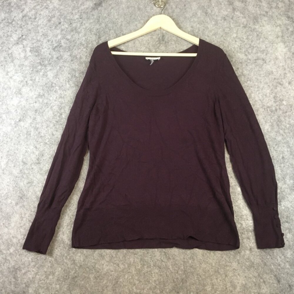 LOFT Sweater L Scoop Neck Button Accents Career Casual Solid Purple Eggplant Sof